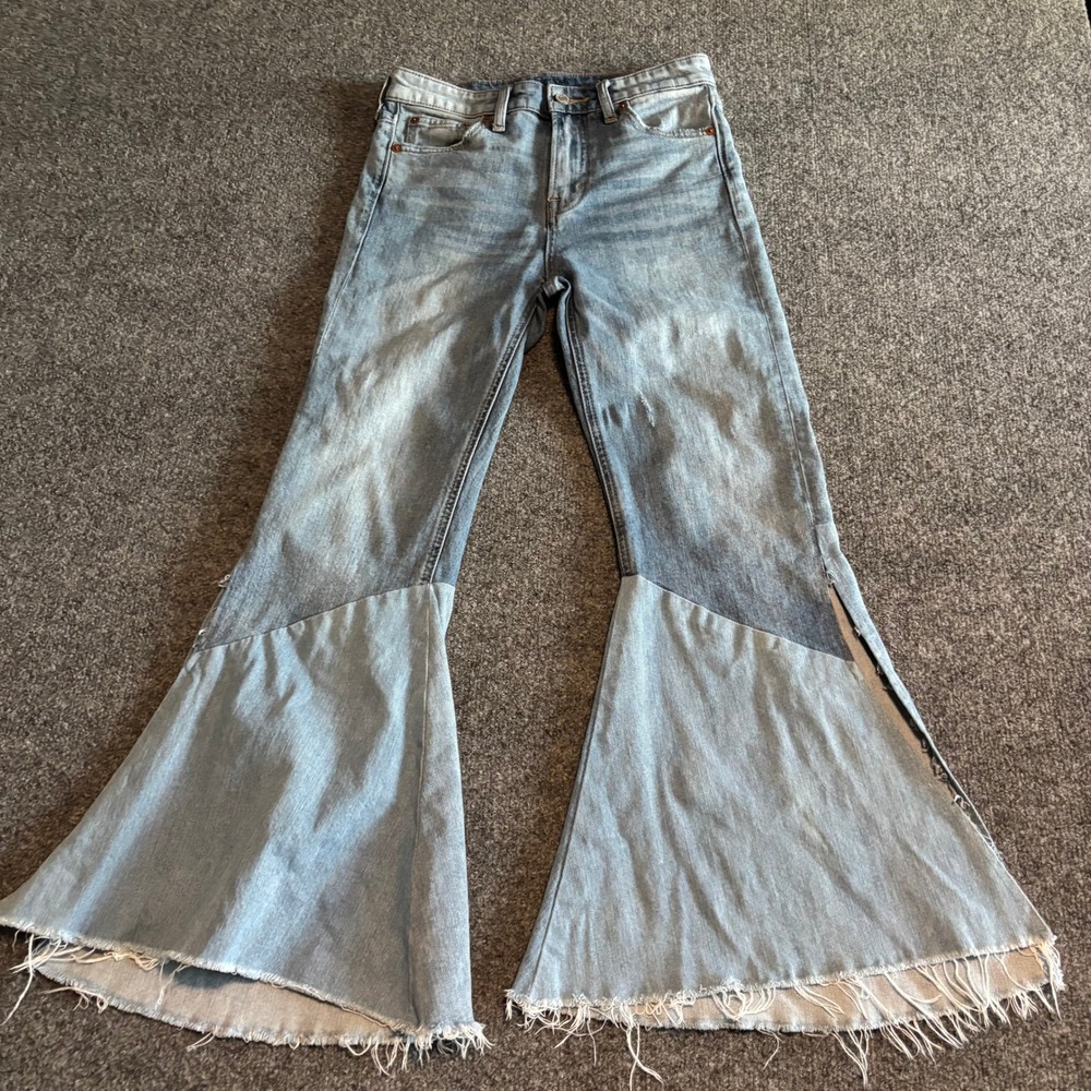 Lucky Brand Bridgette Customized Flare Jeans 0/25 Blue Patchwork Slit Raw Hem